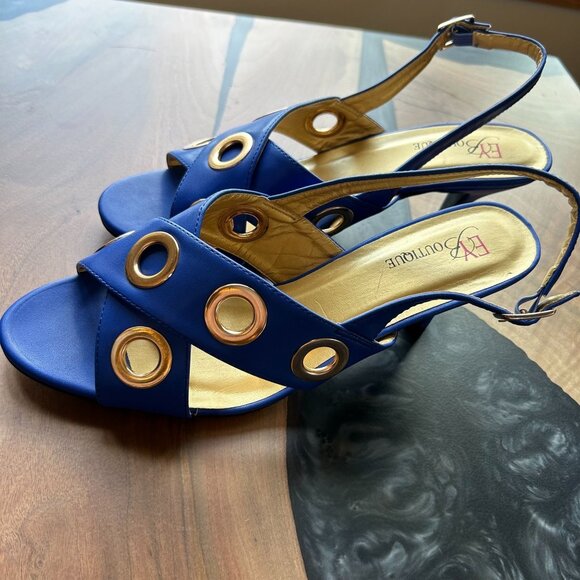 EY Boutique Strappy Blue Sandal Gold Grommets and Trim Size 11W - Picture 3 of 11